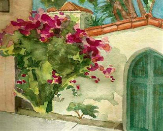 "Avalon Bougenvillia" watercolor painting by Kristy Throndson c 2005